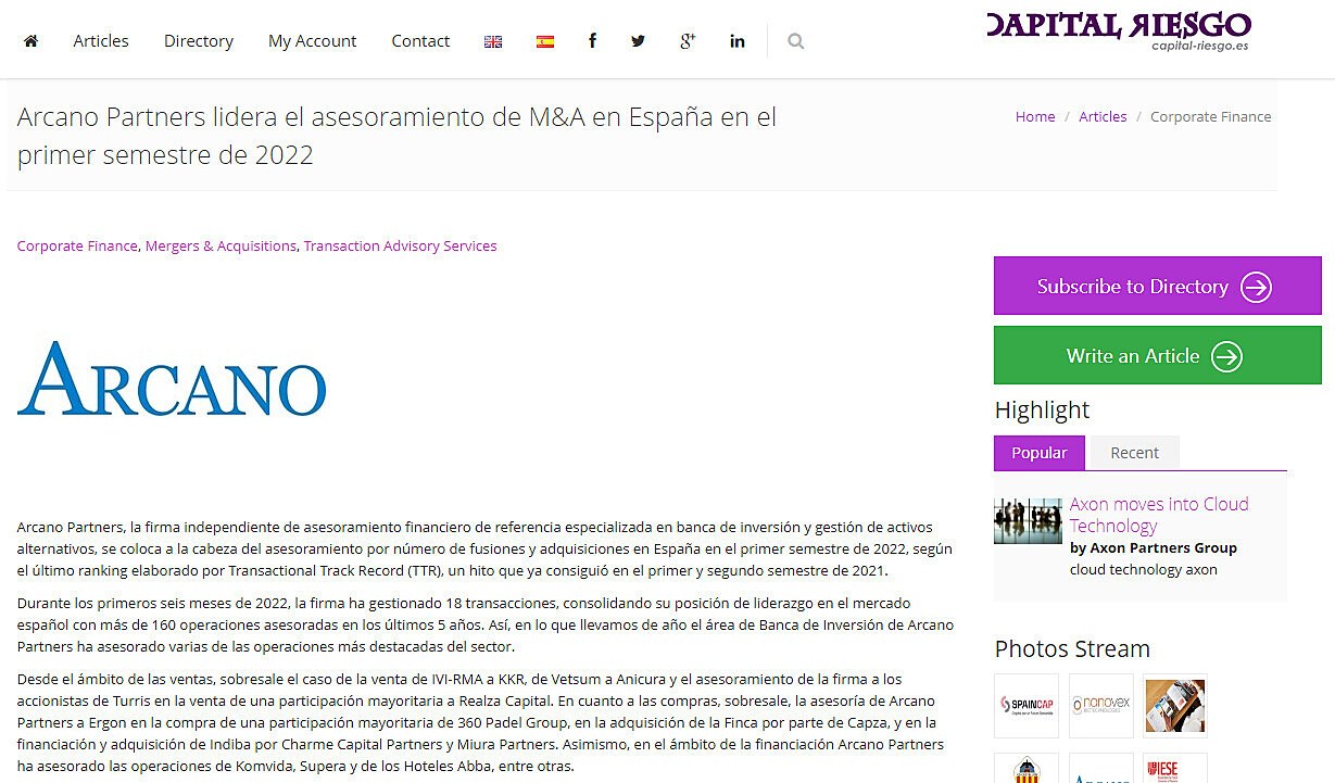 Arcano Partners lidera el asesoramiento de M&A en Espaa en el primer semestre de 2022